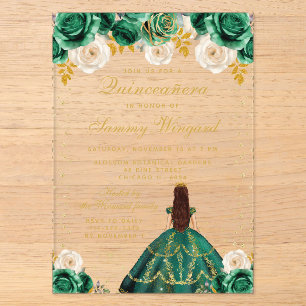 Invitations En Acrylique Quinceañera Princesse Florale Verte