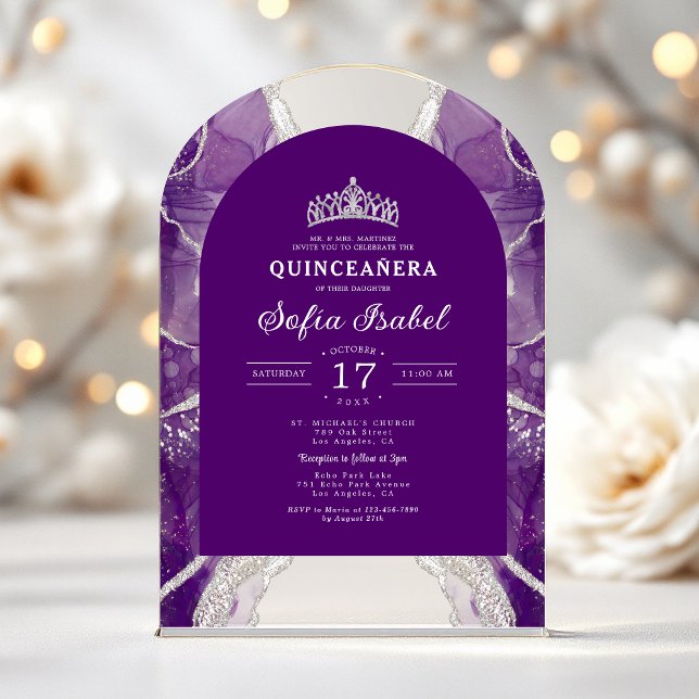 Invitations En Acrylique Quinceañera Purple Argent Agate Élégant (Créateur téléchargé)