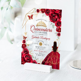 Invitations En Acrylique Quinceanera Red Roses Dress Gold White