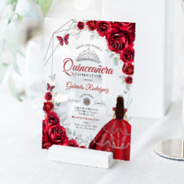 Invitations En Acrylique Quinceanera Red Silver Floral Dress