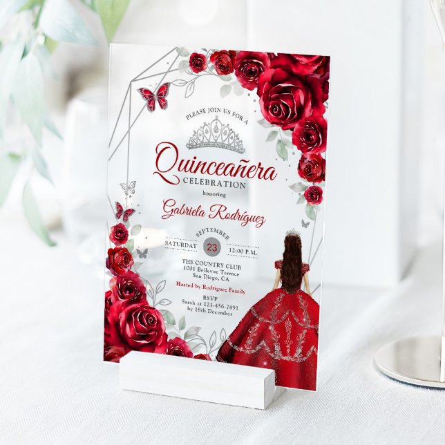 Invitations En Acrylique Quinceanera Red Silver Floral Dress (Créateur téléchargé)
