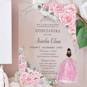 Invitations En Acrylique Quinceañera rose floral argent 15 Anniversaire esp
