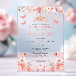 Invitations En Acrylique Quinceañera Rose Floral papillon rose tendre