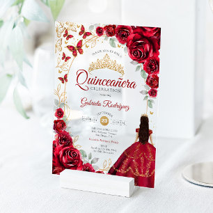 Invitations En Acrylique Quinceanera Rouge Or Floral
