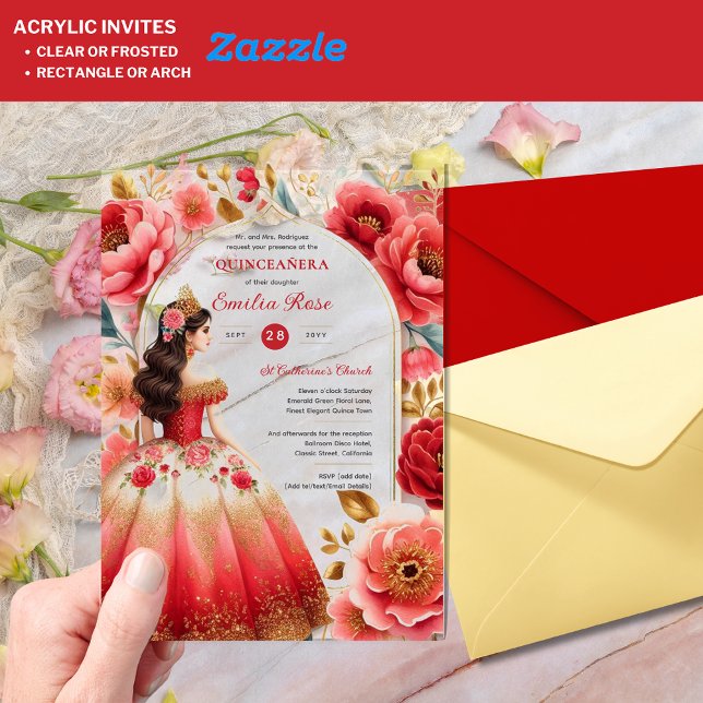 Invitations En Acrylique Quinceañera Rouge Or Mis Quince Fleurs de robe (Créateur téléchargé)