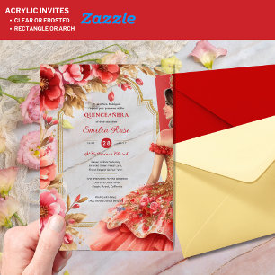 Invitations En Acrylique Quinceañera Rouge Or Mis Quince Fleurs de robe