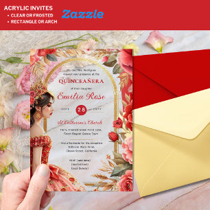 Invitations En Acrylique Quinceañera Rouge Or Mis Quince Fleurs de robe