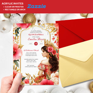 Invitations En Acrylique Quinceañera Rouge Or Mis Quince Fleurs de robe