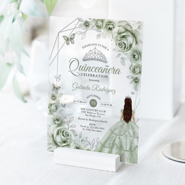 Invitations En Acrylique Quinceanera Sage Green Dress Floral Silver (Créateur téléchargé)