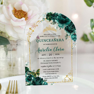 Invitations En Acrylique Quinceañera Sweet 16 Émeraude Verte Florale Or