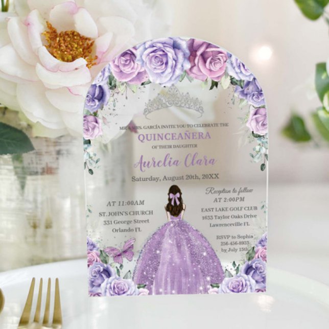 Invitations En Acrylique Quinceañera Sweet 16 Purple Lilac Arc Floral (Créateur téléchargé)