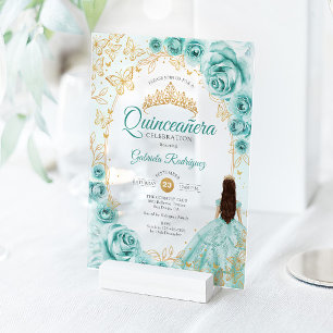 Invitations En Acrylique Quinceanera Turquoise Or Floral