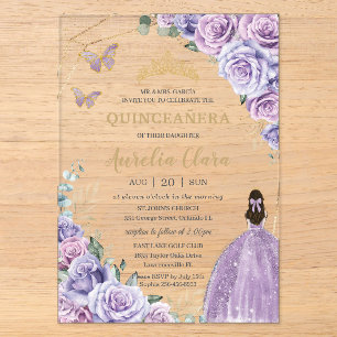 Invitations En Acrylique Quinceañera Violet Lavande Lilas Floral Princesse