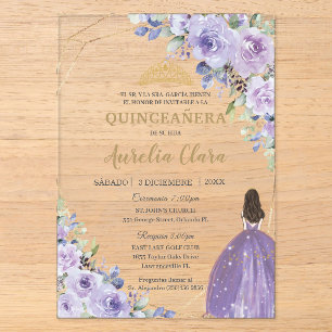 Invitations En Acrylique Quinceañera Violet Lilas Floral Princess Espagnol