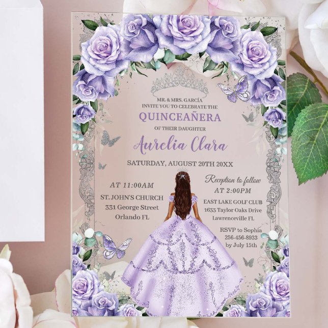 Invitations En Acrylique Quinceañera Violet Rose Floral Silver Princesse (Créateur téléchargé)