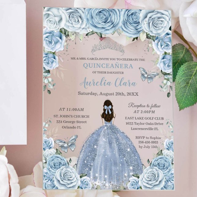 Invitations En Acrylique Quinceañera XV Baby Blue Floral Princess Silver (beautiful baby blue floral quinceanera acrylic invitation with a brunette girl in a baby blue dress)