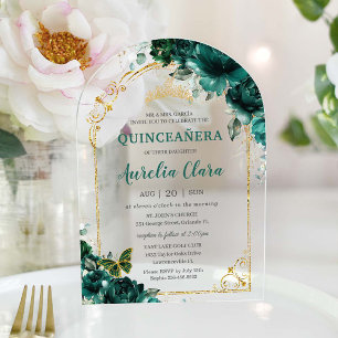 Invitations En Acrylique Quinceañera XV Douze 16 Ans Arc Floral Émeraude Ve