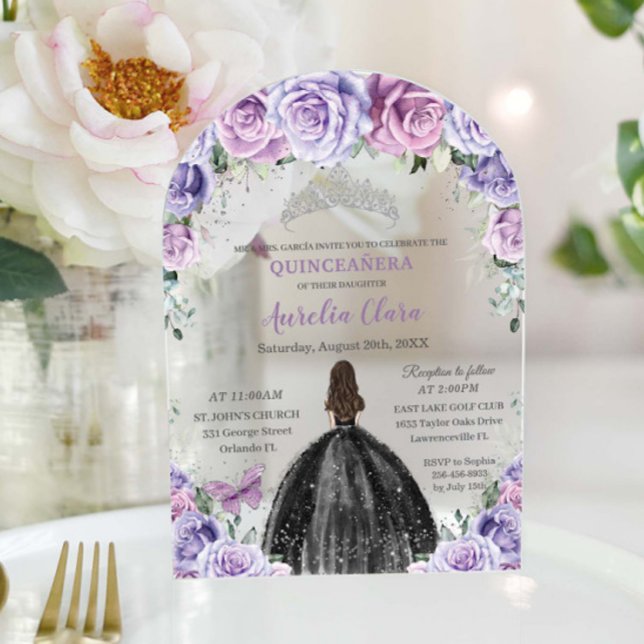 Invitations En Acrylique Quinceañera XV Sweet 16 Violet Lilac Floral Noir (Créateur téléchargé)