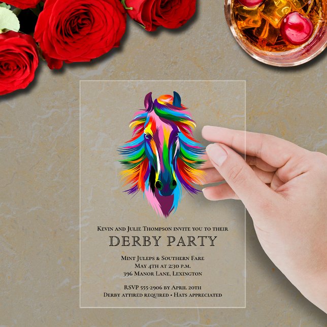 Invitations En Acrylique Racehorse de couleur Derby Party (Colorful racehorse derby party acrylic invitations - order clear or frosted)