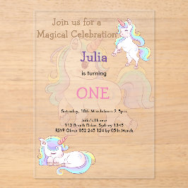 Invitations En Acrylique Rainbow color Unicorn bébé fille 1er anniversaire