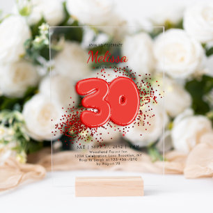 Invitations En Acrylique Red 30th Balloons Confetti Anniversaire adulte