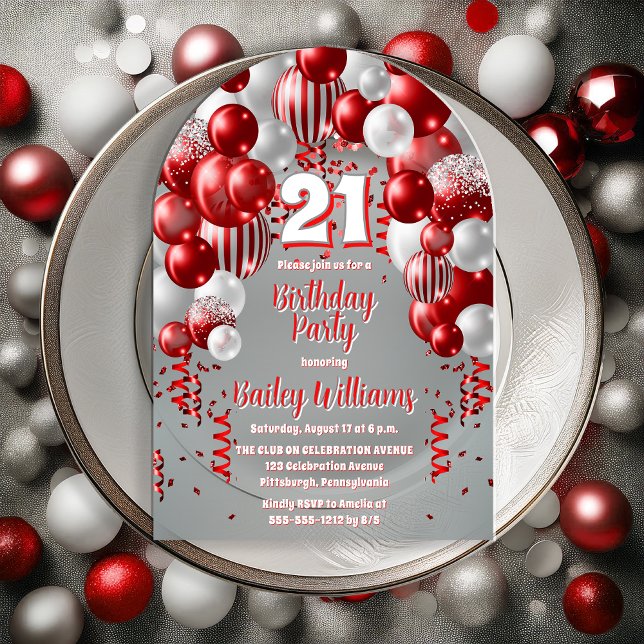 Invitations En Acrylique Red Celebration Balloons 21e fête d'anniversaire (Red | Silver Tone | White Celebration Balloons "21" 21st Birthday Party Acrylic Invitation)