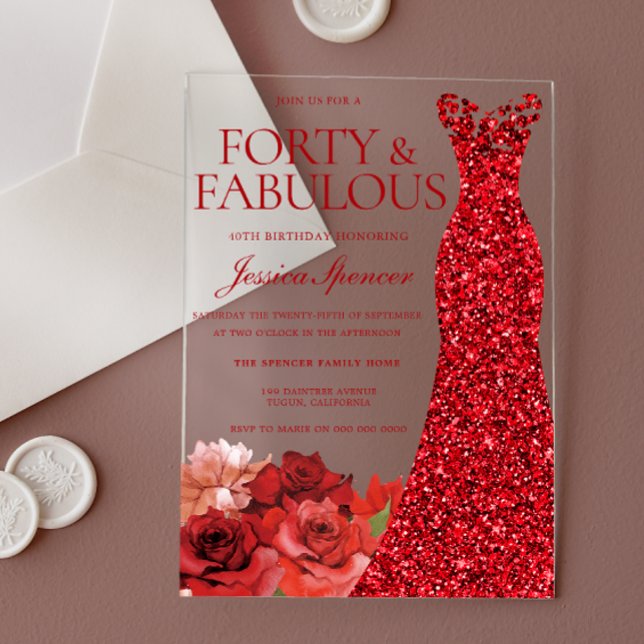 Invitations En Acrylique Red Floral Forty & Fabulous 40th Birthday Party (Créateur téléchargé)