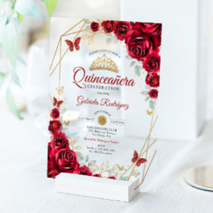 Invitations En Acrylique Red Gold Floral Quinceanera