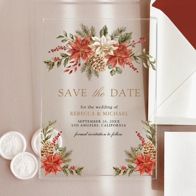 Invitations En Acrylique Red Gold Noël Floral Wedding Enregistrer la date (Créateur téléchargé)