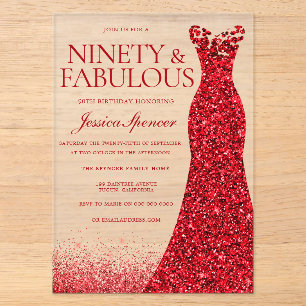 Invitations En Acrylique Red Gown 90th Birthday Party