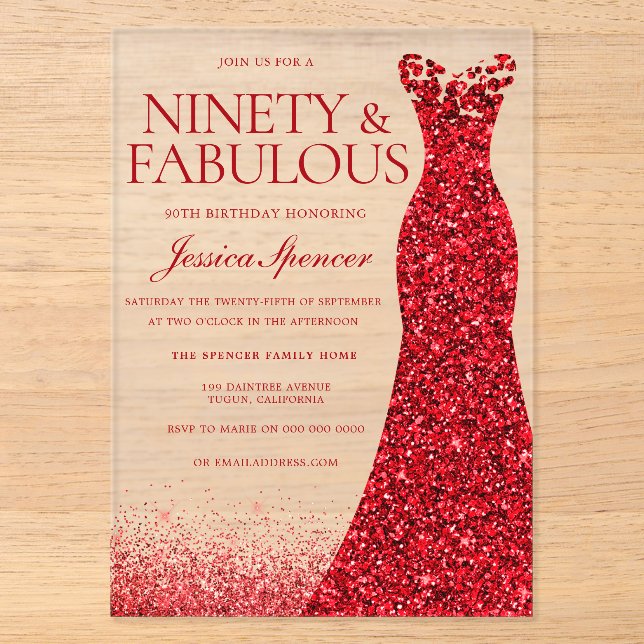 Invitations En Acrylique Red Gown 90th Birthday Party (Recto)