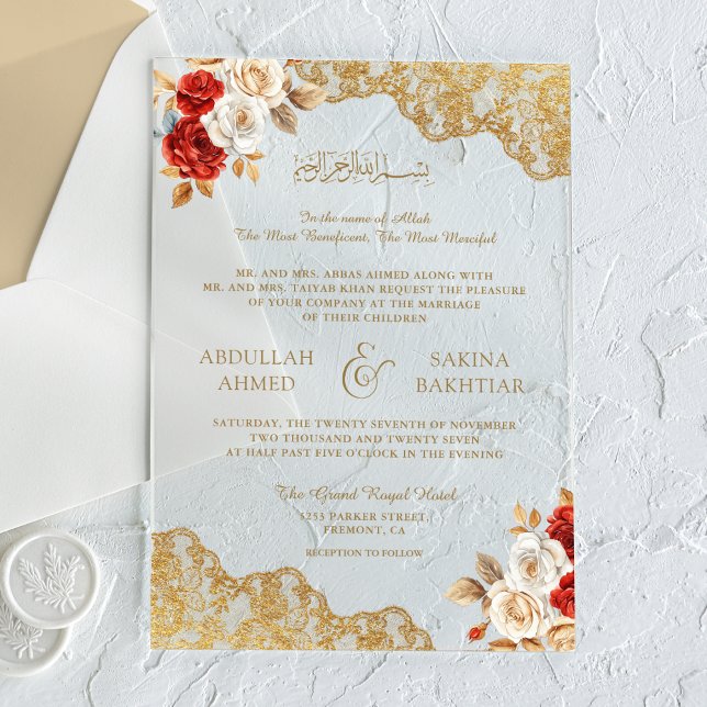 Invitations En Acrylique Red Ivory Floral Gold Lace Muslim Wedding (Créateur téléchargé)