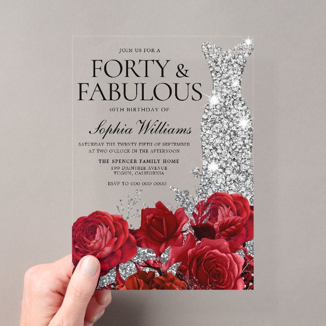 Invitations En Acrylique Red Roses Diamond Gown 40e fête d'anniversaire (In situ (ordinateur de poche))