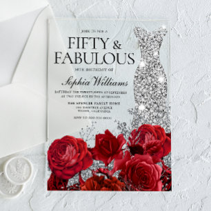 Invitations En Acrylique Red Roses Diamond Gown Noir 50e fête d'anniversair