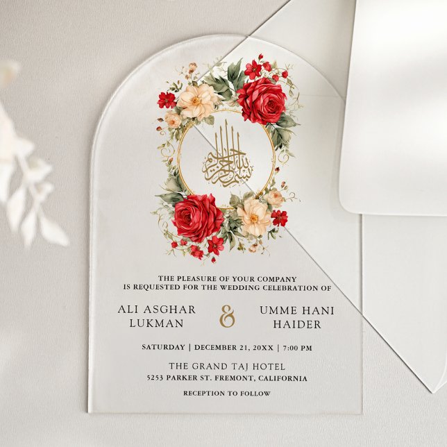 Invitations En Acrylique Red Roses Ivory Flowers Gold Muslim Wedding (Créateur téléchargé)
