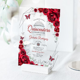 Invitations En Acrylique Red Silver Floral Quinceanera