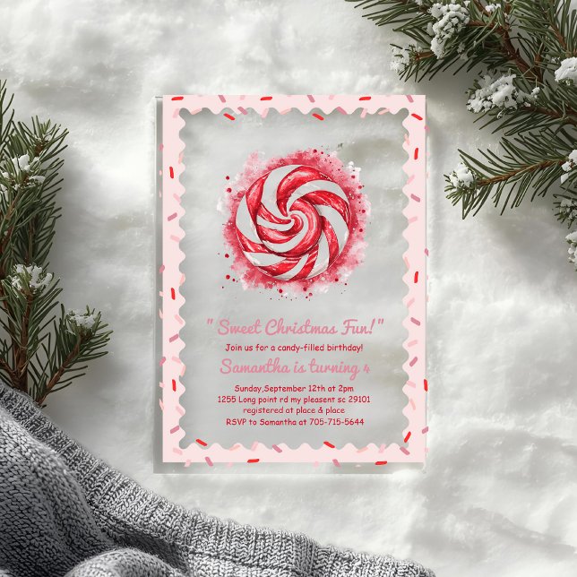 Invitations En Acrylique "Red & White Candy Winter Birthday  (Créateur téléchargé)
