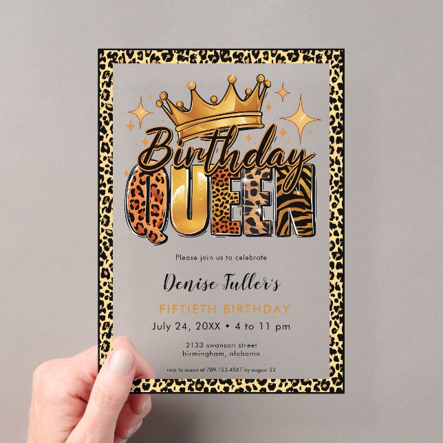 Invitations En Acrylique Reine d'anniversaire Fun Léopard Cinquante ans (In situ (ordinateur de poche))