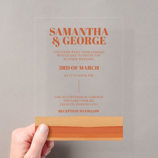 Invitations En Acrylique Rétro Aquarelle Stripes Terracotta Orange Mariage (In situ (ordinateur de poche))