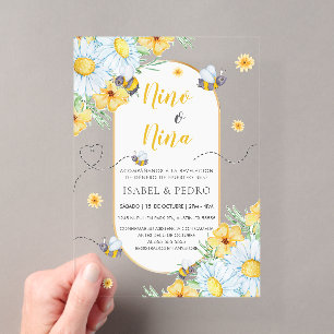 Invitations En Acrylique Révélation du sexe espagnol Abeilles & Fleurs blan