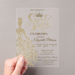 Invitations En Acrylique Robe à paillettes dorées, Diamants Vert Douce 16