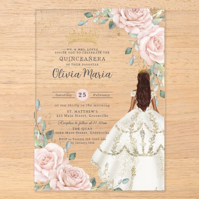 Invitations En Acrylique Robe blanche floue princesse Gown Quinceañera (Recto)