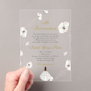 Invitations En Acrylique Robe blanche Quinceanera silhouette espagnole