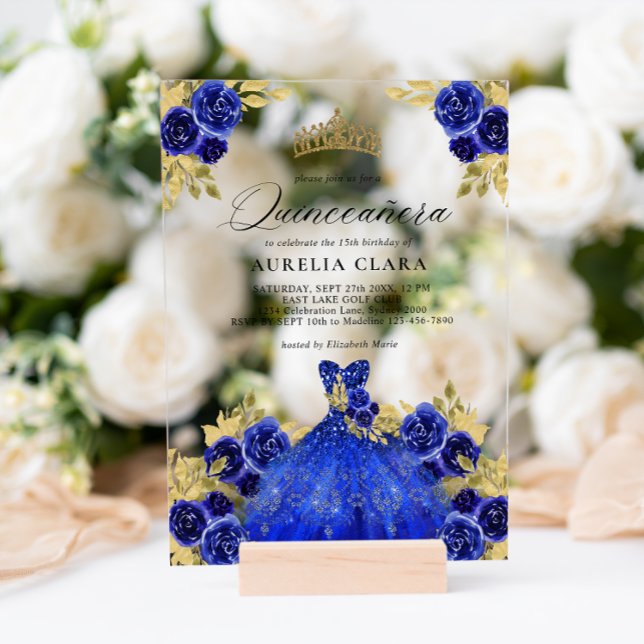 Invitations En Acrylique Robe bleu glam Aquarelle florale 15e Quinceañera (Créateur téléchargé)