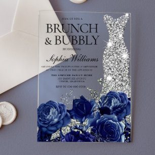 Invitations En Acrylique Robe Bleue Argent Brunch & Fête des mariées Bubbly