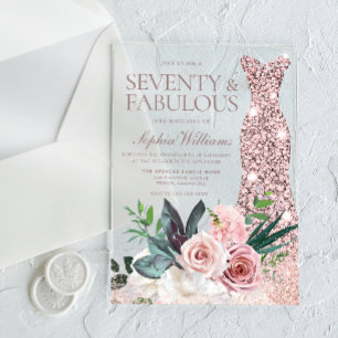 Invitations En Acrylique Robe & Blush Floral Womans 70e fête d'anniversaire