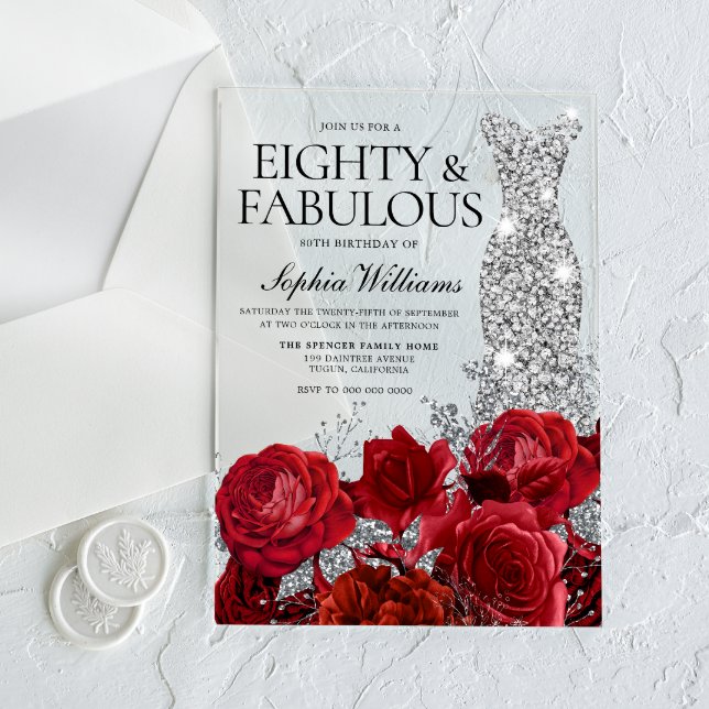 Invitations En Acrylique Robe d'argent Gown Roses rouges 80e fête d'anniver (Créateur téléchargé)