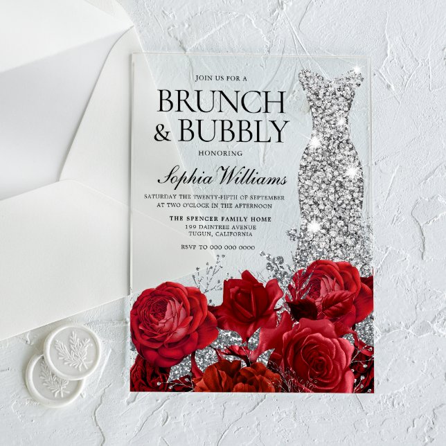 Invitations En Acrylique Robe d'argent Rouge Rose Brunch Fête des mariées m (Créateur téléchargé)