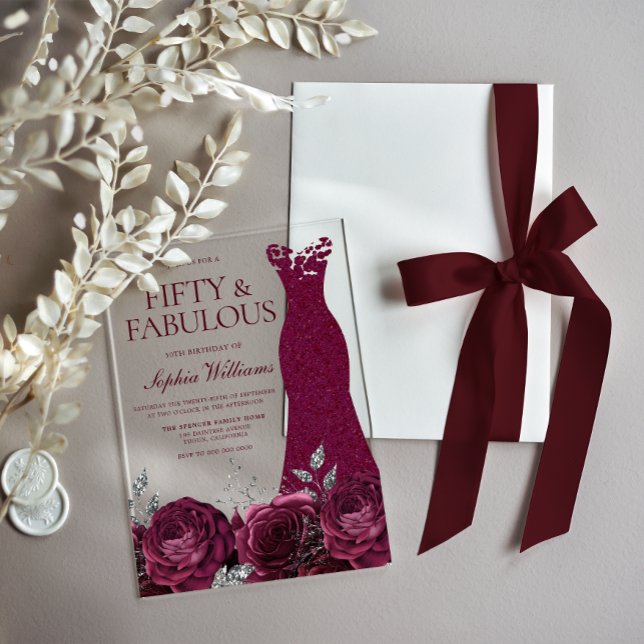 Invitations En Acrylique Robe de Bourgogne Maroon & Floral 50e anniversaire (Créateur téléchargé)