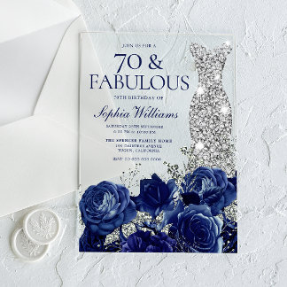 Invitations En Acrylique Robe de diamants Roses Navy pour la 70e anniversai